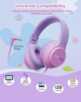 Acer Kids Headphones pink-purple colorway suitable for school and travel.