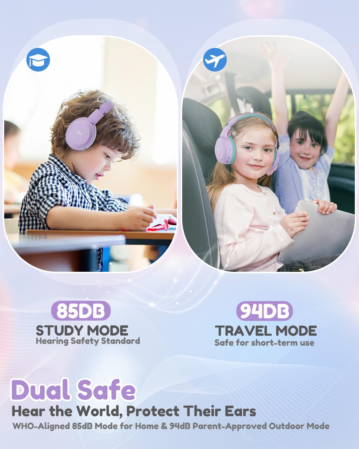 Acer Kids Headphones in purple-green colorway, ideal for study and play.