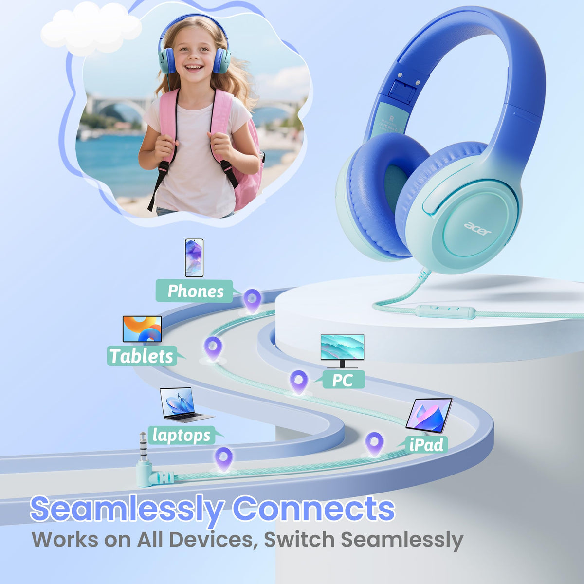 Acer Kids Headphones reinforced headband withstands daily use
