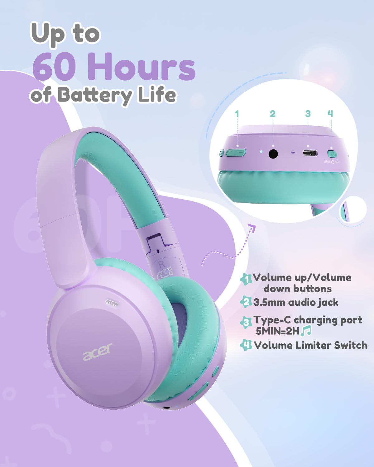 Acer Kids Headphones soft memory foam ear cushions for comfort.