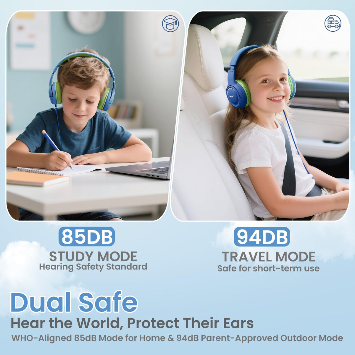 Acer Kids Headphones volume limiter 85-94dB ensures safer listening anytime