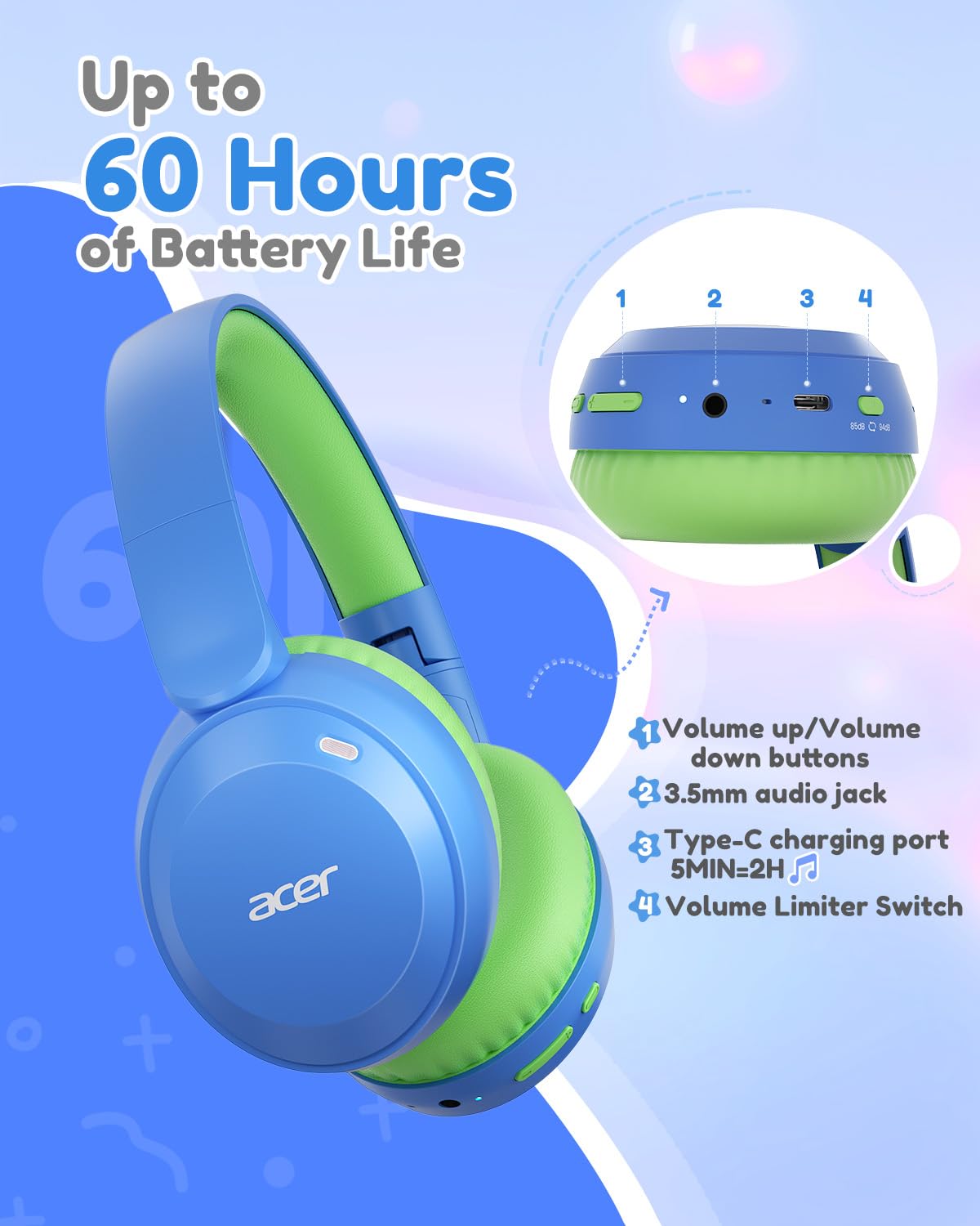 Acer headphones with USB-C cable showing quick-charge convenience