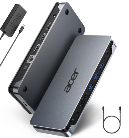 Acer Premium Docking Station with 110W adapter powering a laptop during heavy tasks