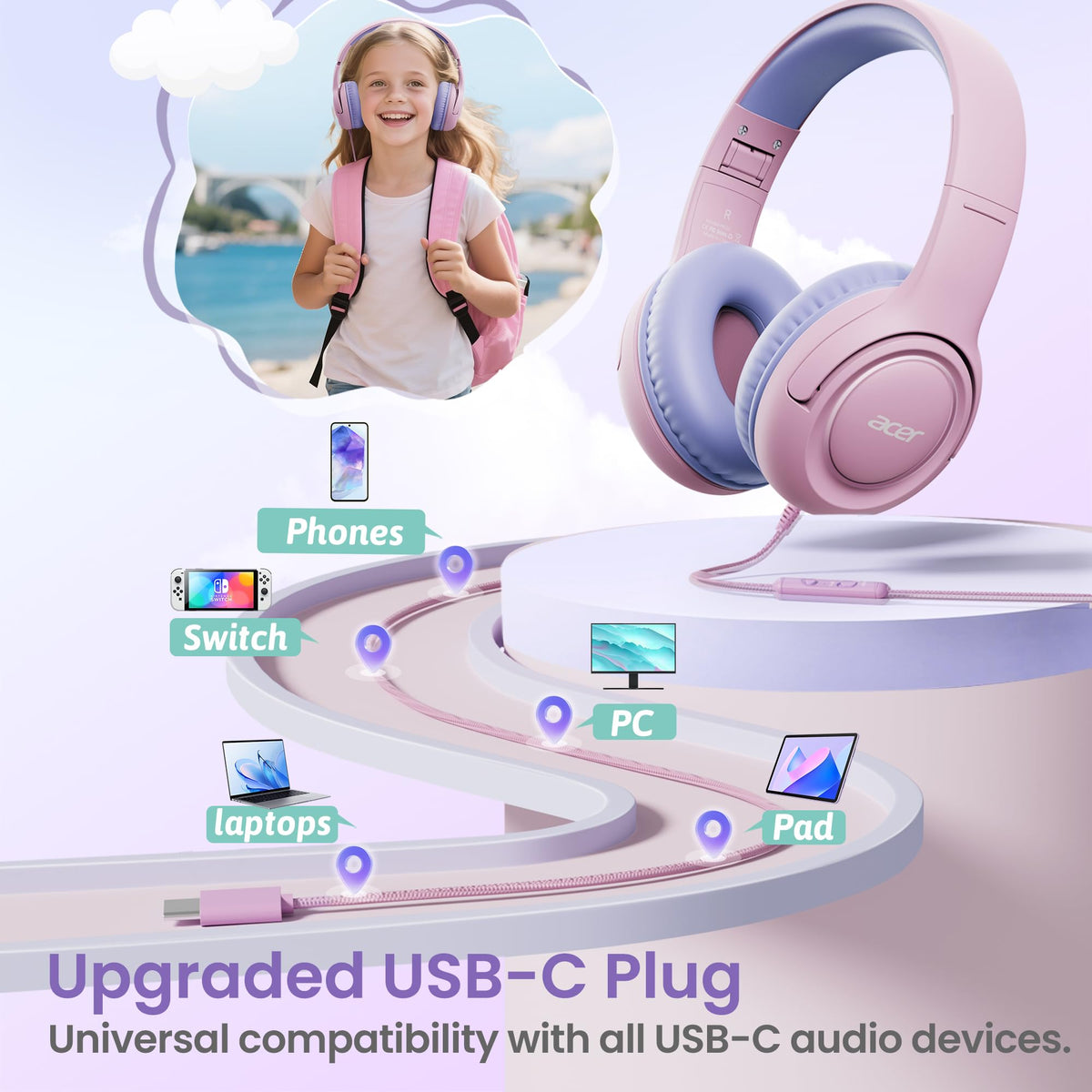 Acer USB-C Kids Headphones braided cable resists wear and 3000 bends.