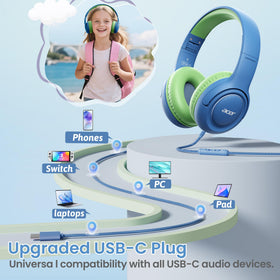 Acer USB-C Kids Headphones braided cable resists tangles and wear.