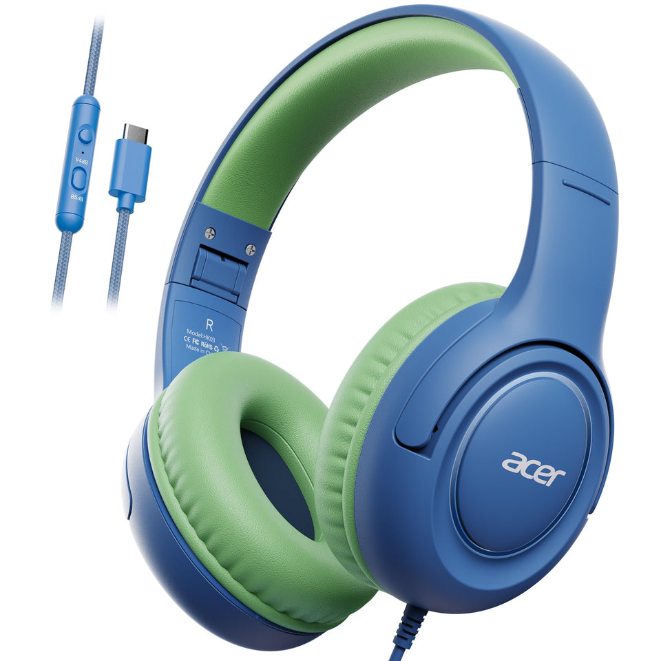 Acer USB-C Kids Headphones folded blue green for travel and easy storage.