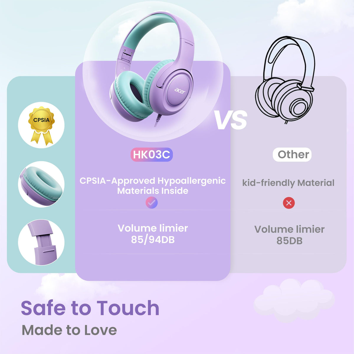 Acer USB-C Kids Headphones memory foam ear cushions deliver all-day comfort.