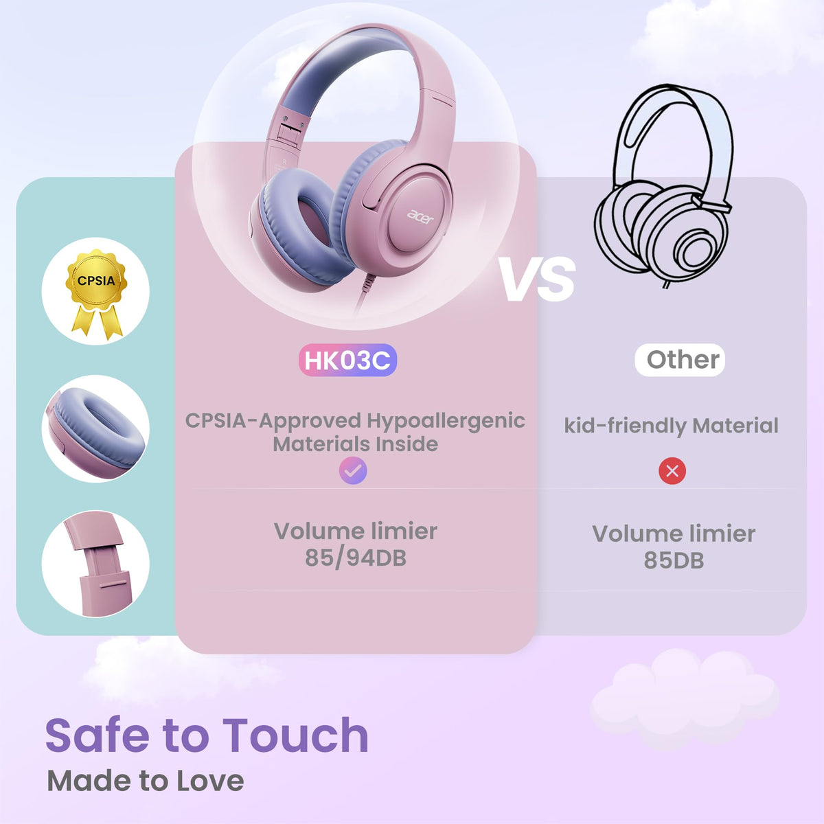 Acer USB-C Kids Headphones memory foam ear cushions for comfort.