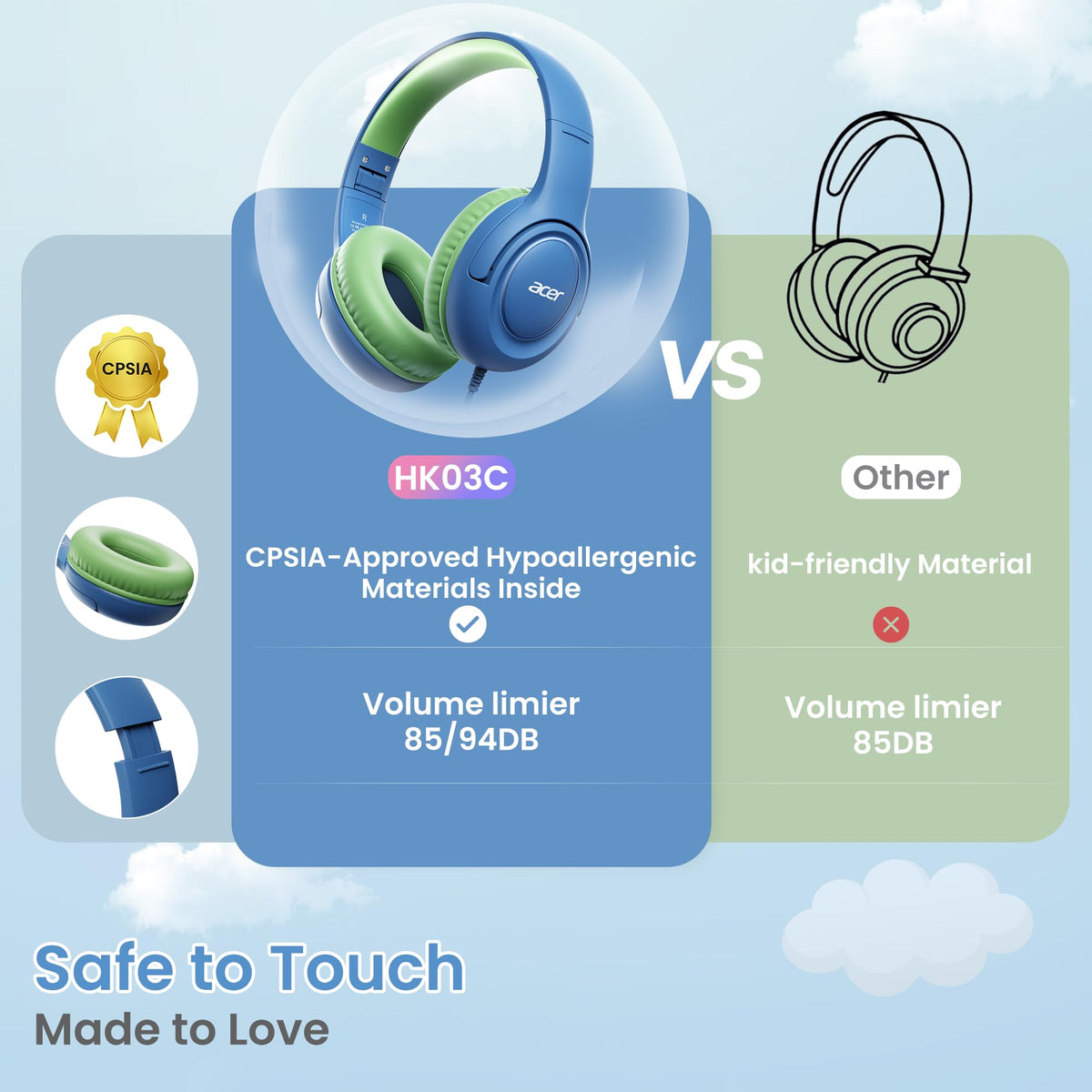 Acer USB-C Kids Headphones memory foam ear cushions for long-wear comfort.