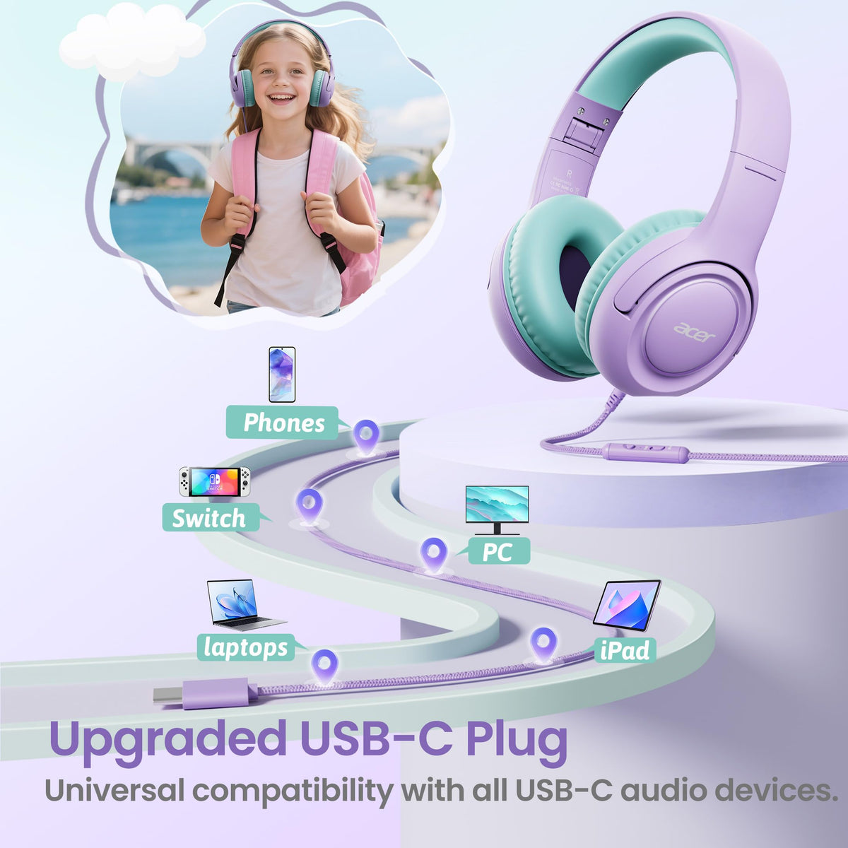 Acer USB-C Kids Headphones reinforced headband withstands daily drops and twists.