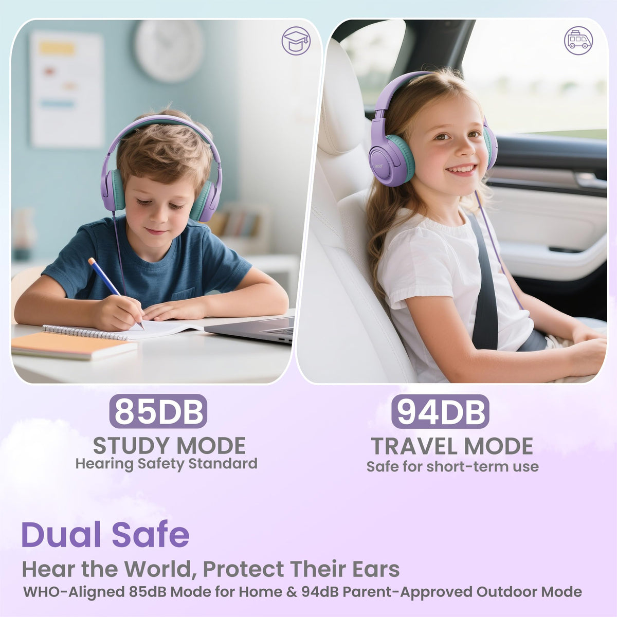 Acer USB-C Kids Headphones showing 85/94dB safe volume feature for gentle listening.