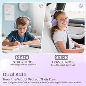 Acer USB-C Kids Headphones showing 85/94dB safe volume feature for gentle listening.