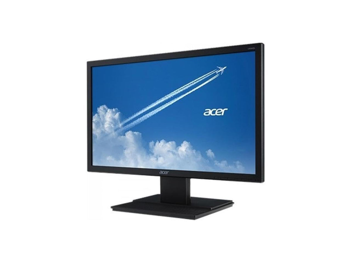 Acer V206HQL next to keyboard showing scale and compact footprint ideal for small desks