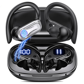 Acjohtin wireless earbuds with earhooks and LED battery display for quick on-the-go power checks.