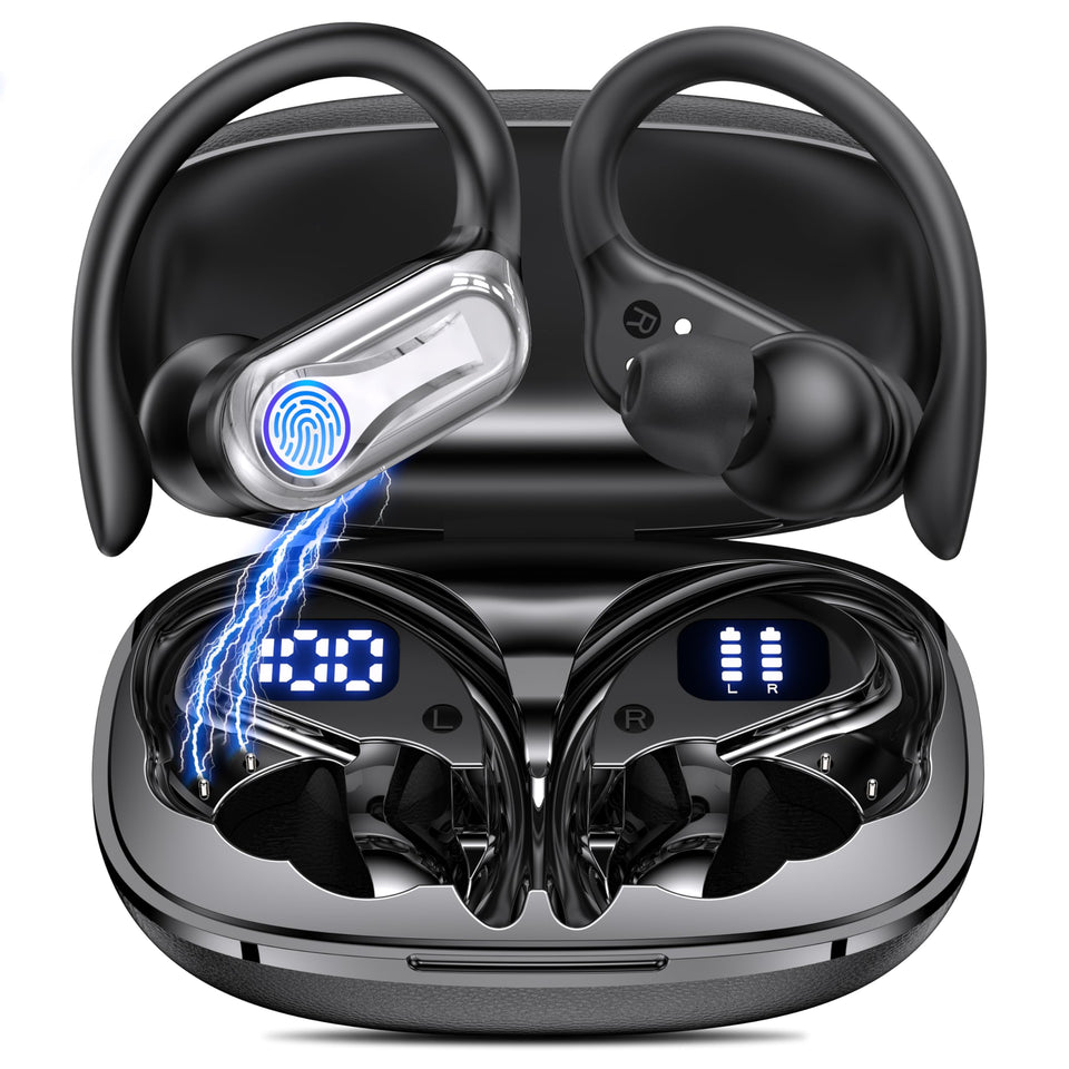 Acjohtin wireless earbuds with earhooks and LED battery display for quick on-the-go power checks.