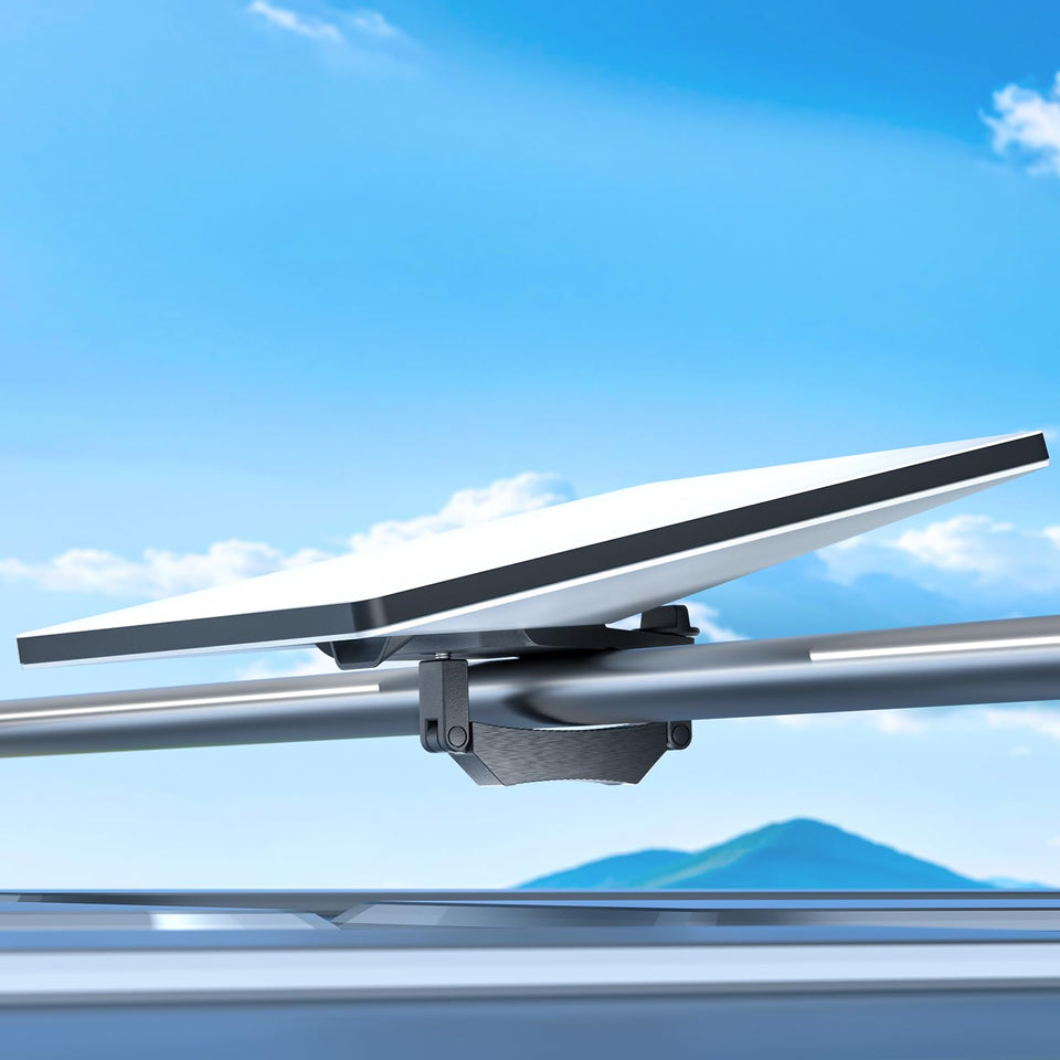 Ackno Starlink Mini roof mount on an RV showing secure attachment for on-the-road connectivity