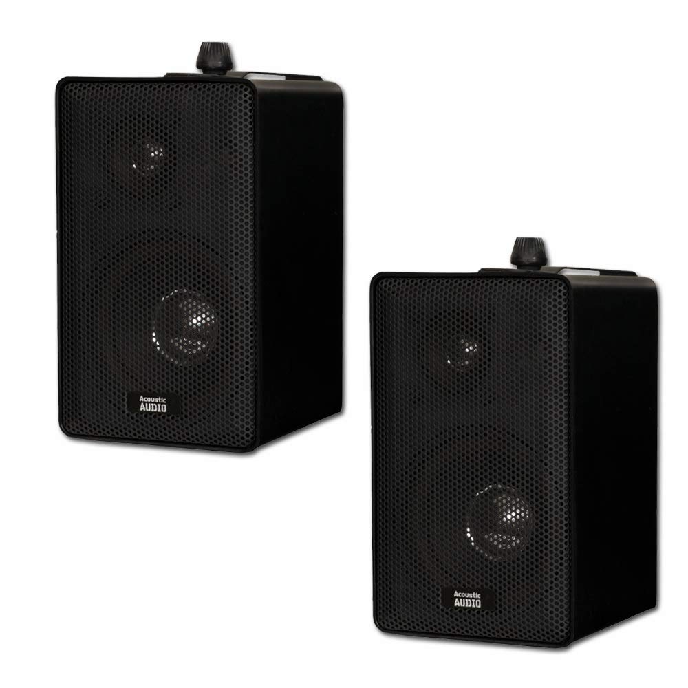Acoustic Audio by Goldwood front view showing compact black cabinets and drivers, clear visual appeal