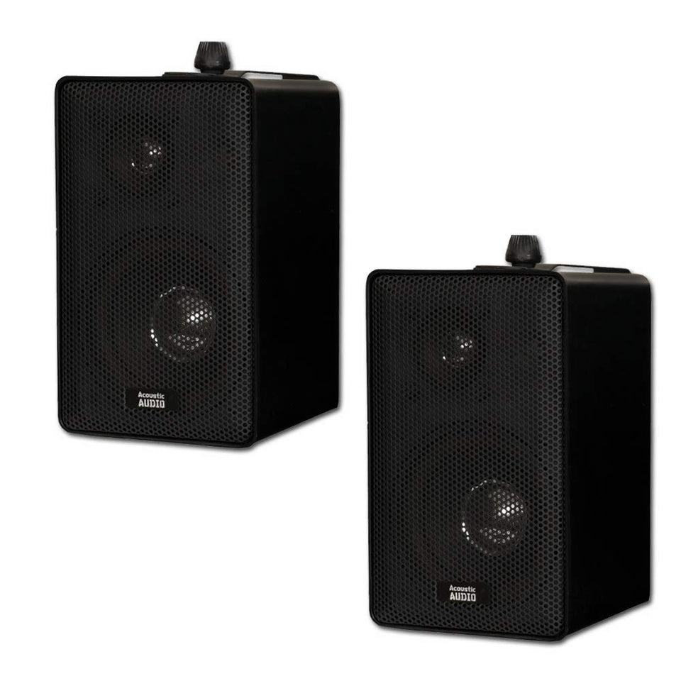 Acoustic Audio by Goldwood front view showing compact black cabinets and drivers, clear visual appeal