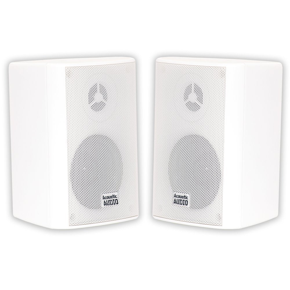 Acoustic Audio AA351W front view showing clean white cabinet and grille, durable outdoor benefit