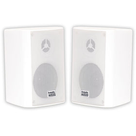 Acoustic Audio AA351W front view showing clean white cabinet and grille, durable outdoor benefit