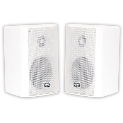 Acoustic Audio AA351W front view showing clean white cabinet and grille, durable outdoor benefit