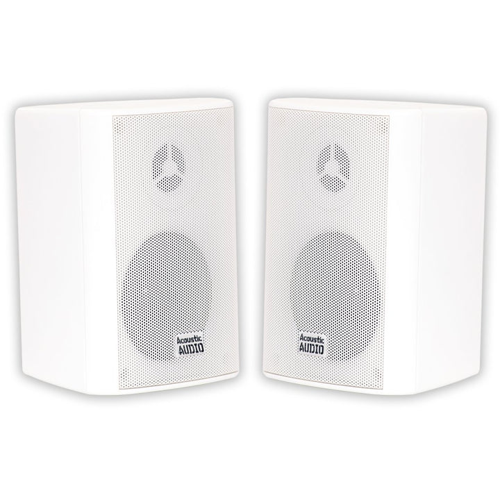 Acoustic Audio AA351W front view showing clean white cabinet and grille, durable outdoor benefit