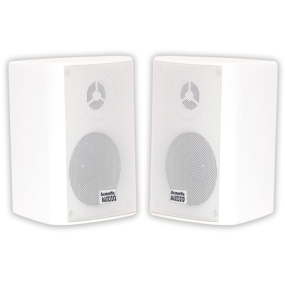 Acoustic Audio AA351W front view showing clean white cabinet and grille, durable outdoor benefit