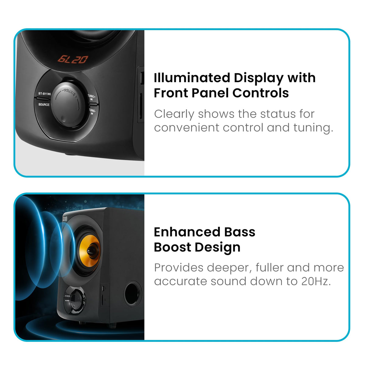 Acoustic Audio AA5170 box contents showing subwoofer and five satellites