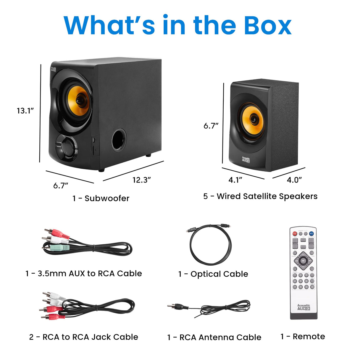 Acoustic Audio AA5170 included accessories like cables and remote