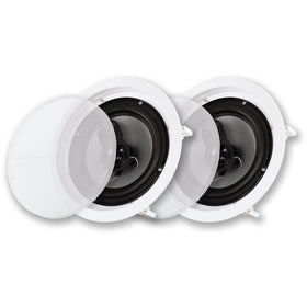 Acoustic Audio front view of paired in-ceiling speakers showing slim profile and grille for clean install