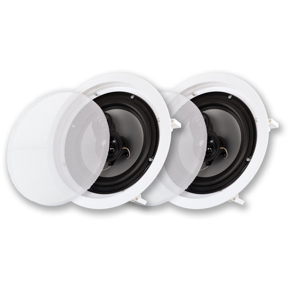 Acoustic Audio front view of paired in-ceiling speakers showing slim profile and grille for clean install