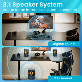 Two satellite speakers with magnetic shielding for near-screen use.