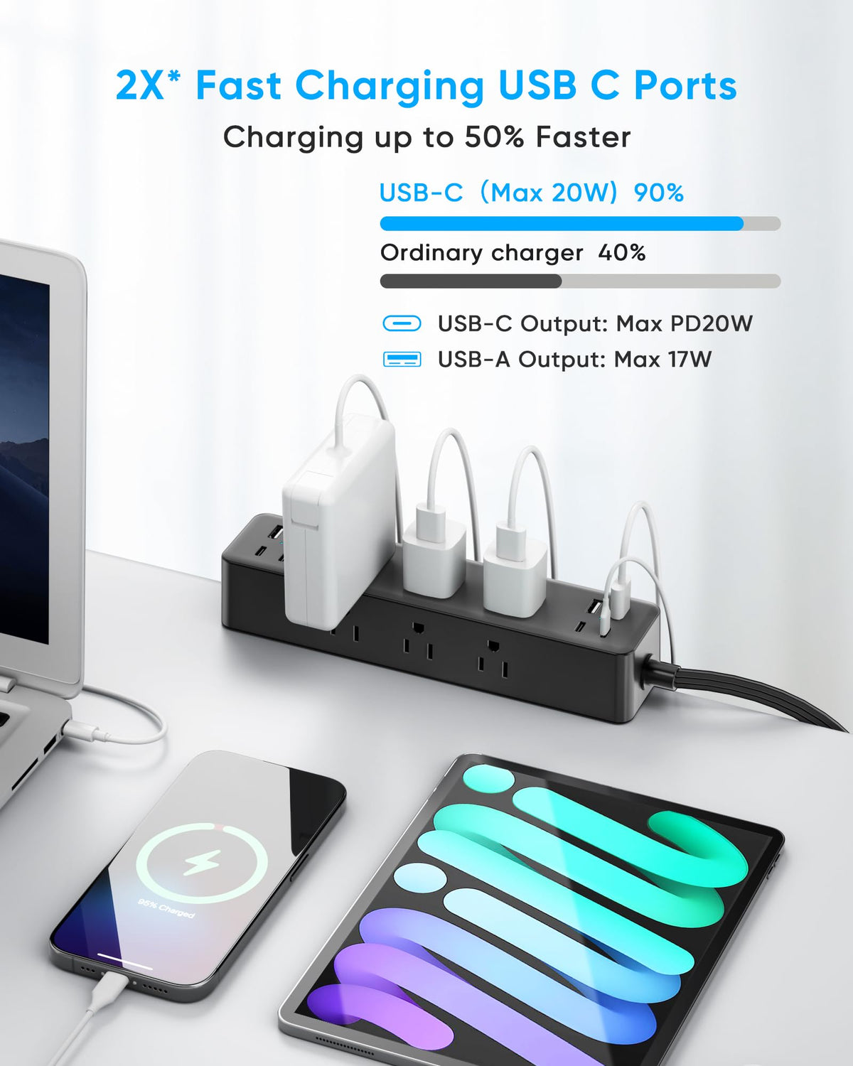 Acozvin clamp mounted on desk edge secures power strip and prevents tip-over