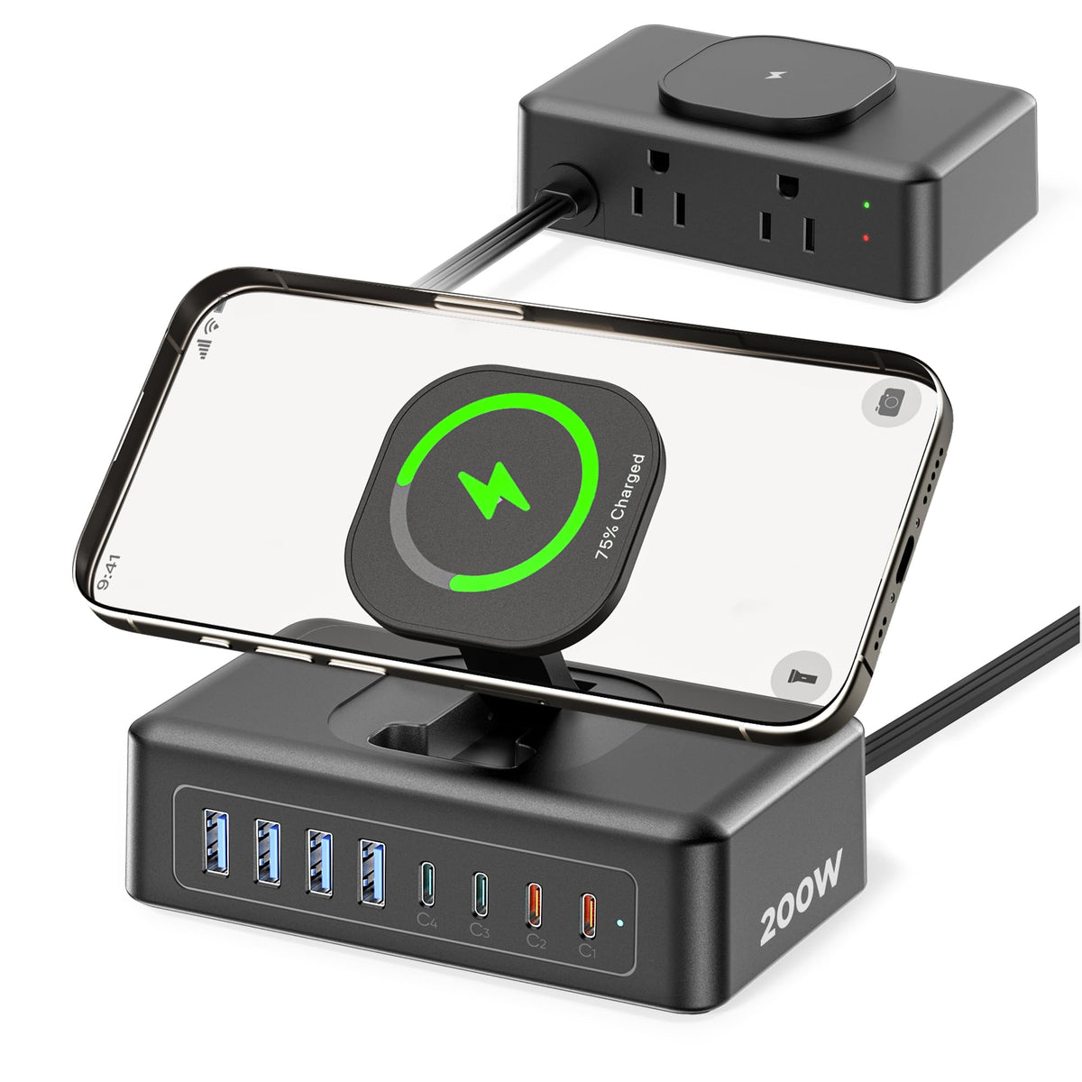 Acozvin front view showing outlets and USB ports for organized fast charging