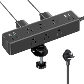 Acozvin front view showing clamp mount and all outlets for tidy workspace