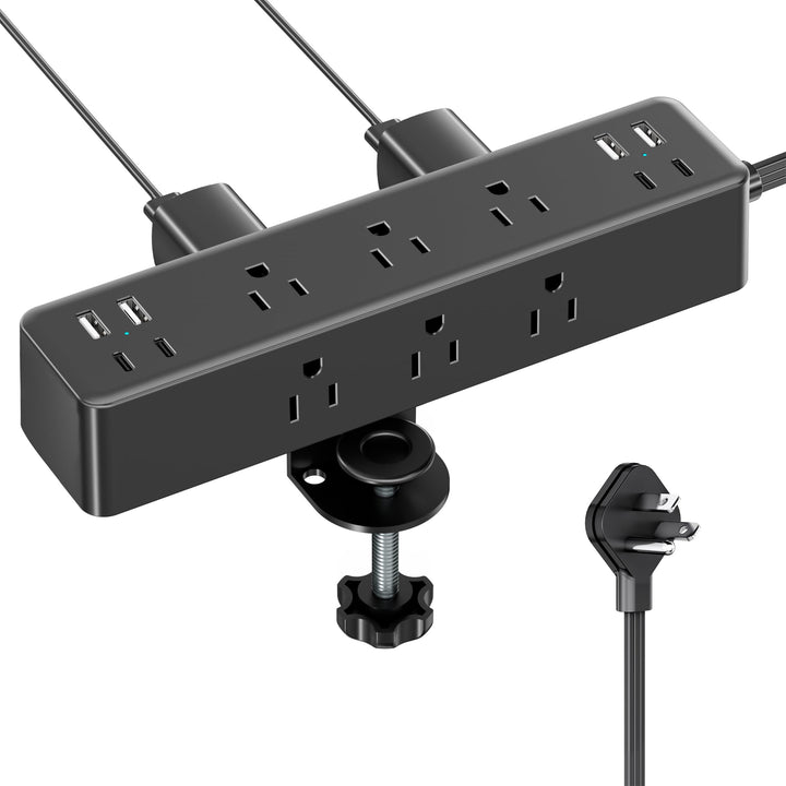 Acozvin front view showing clamp mount and all outlets for tidy workspace