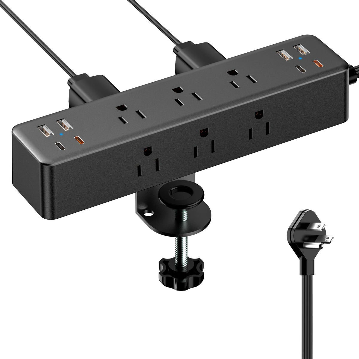 Acozvin front view showing outlets and USB ports for organized desk power