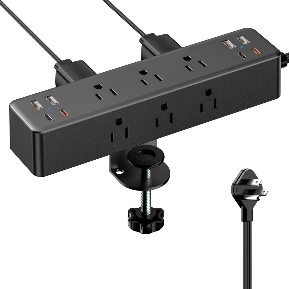 Acozvin front view showing outlets and USB ports for organized desk power