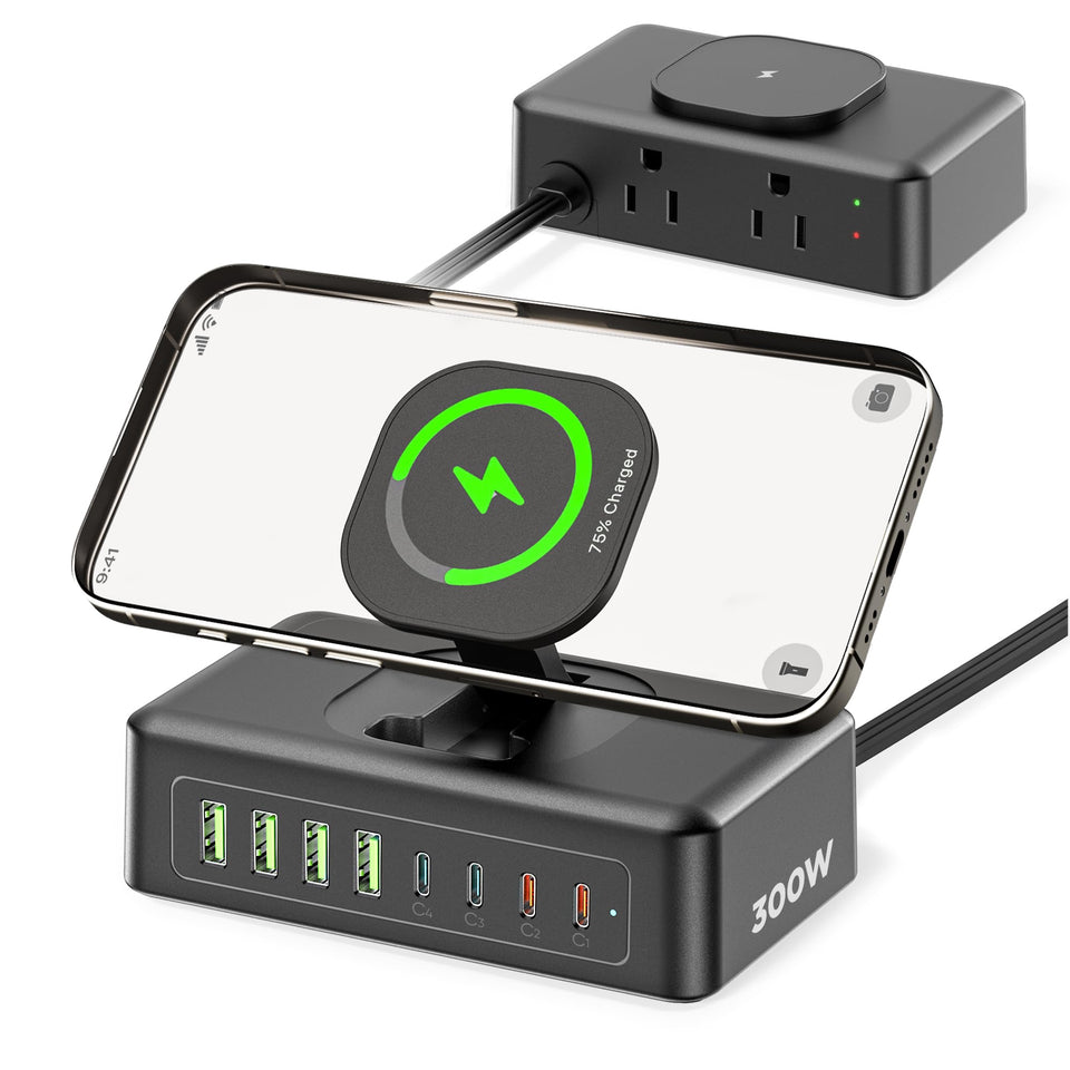 Acozvin front view showing ports and AC outlets for organized charging