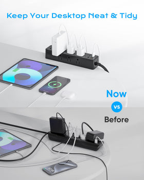 Acozvin in use on dual-monitor workstation powers screens and charges devices neatly