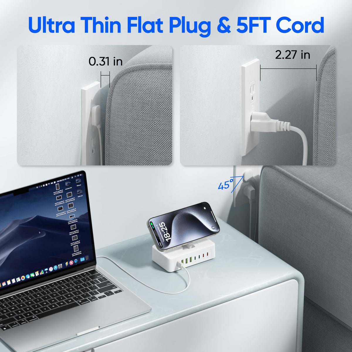 Acozvin on a desk charging laptop and phone for efficient workspace setup