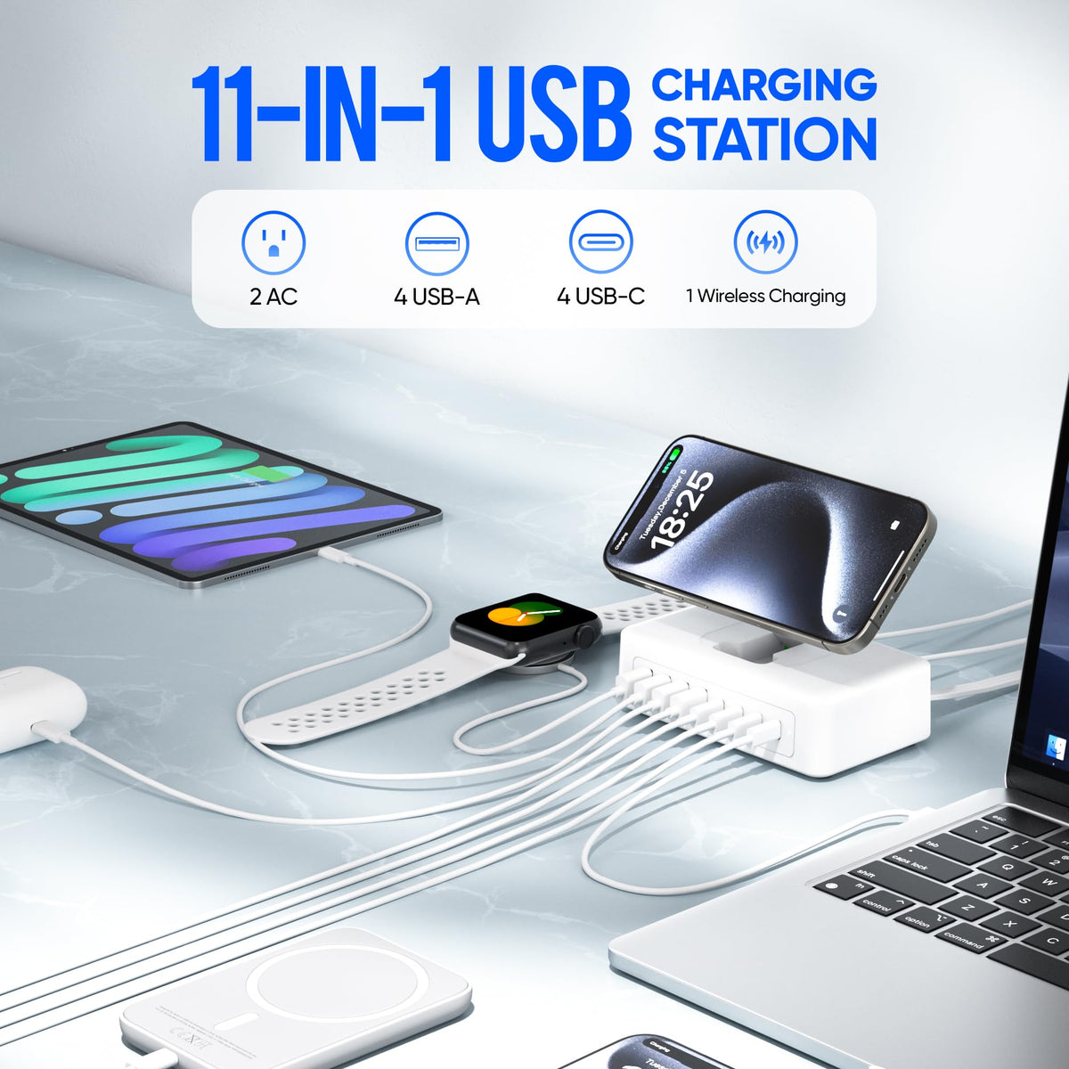 Acozvin top view highlighting 4 USB‑C, 4 USB‑A ports and foldable magnetic pad benefit
