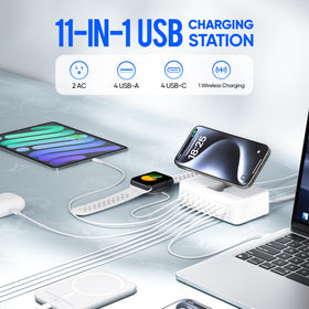 Acozvin top view highlighting 4 USB‑C, 4 USB‑A ports and foldable magnetic pad benefit