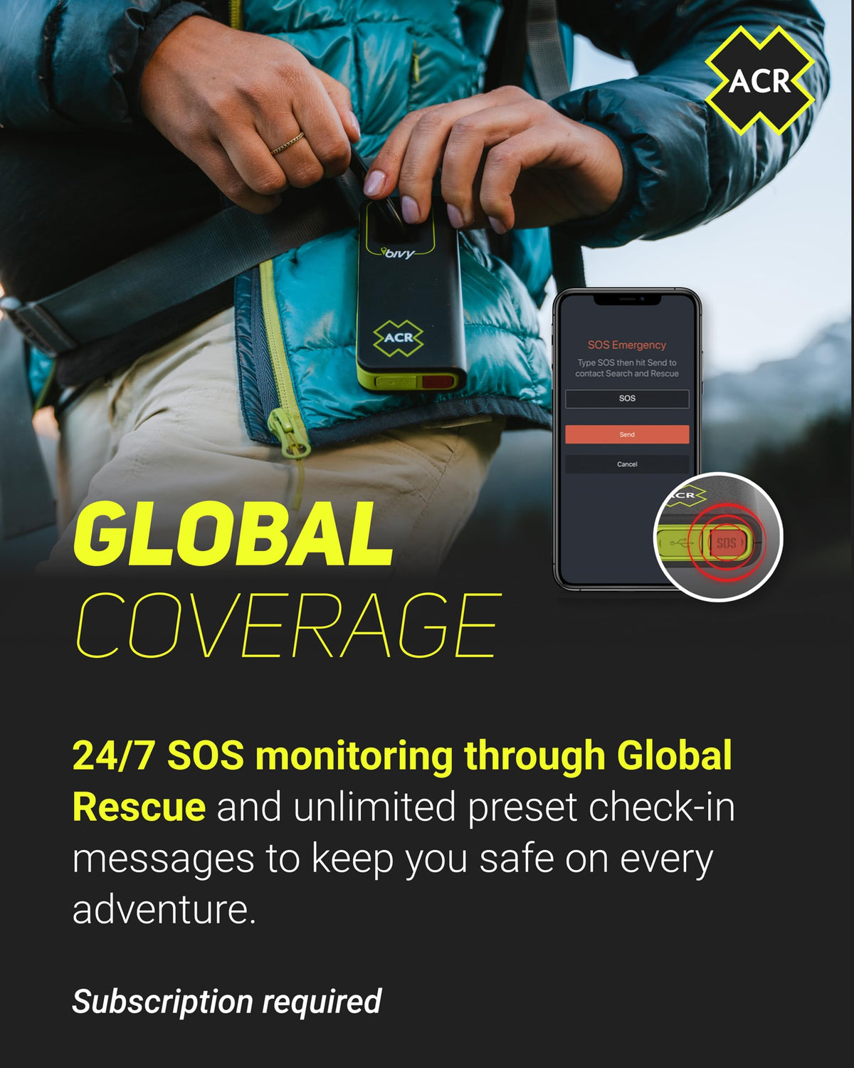 ACR Bivy Stick SOS button highlights emergency alert capability worldwide.