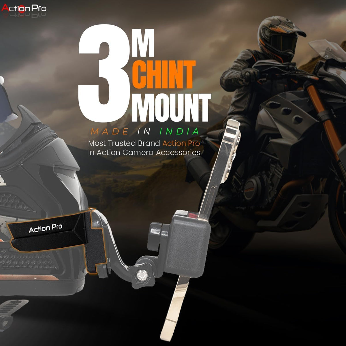 Action Pro mounted on helmet front showing low visual profile and camera position