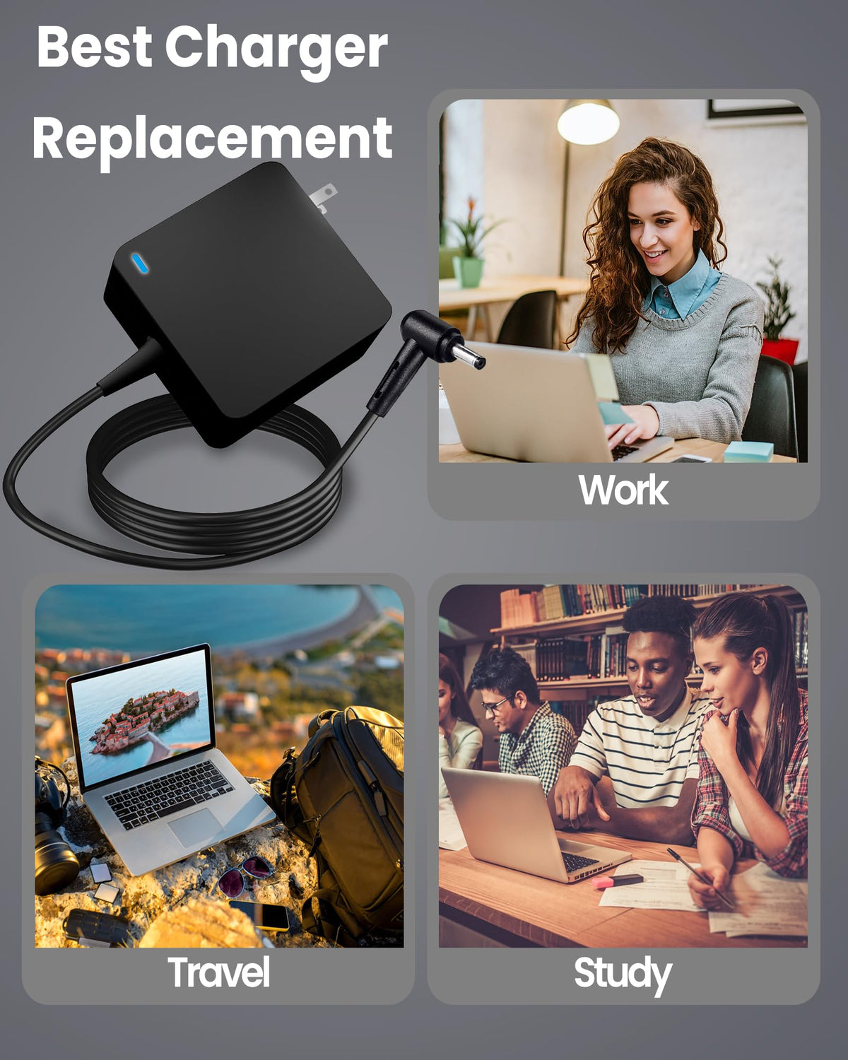 Adaptake 65W portable charger travel-friendly image suggests reliable power anywhere