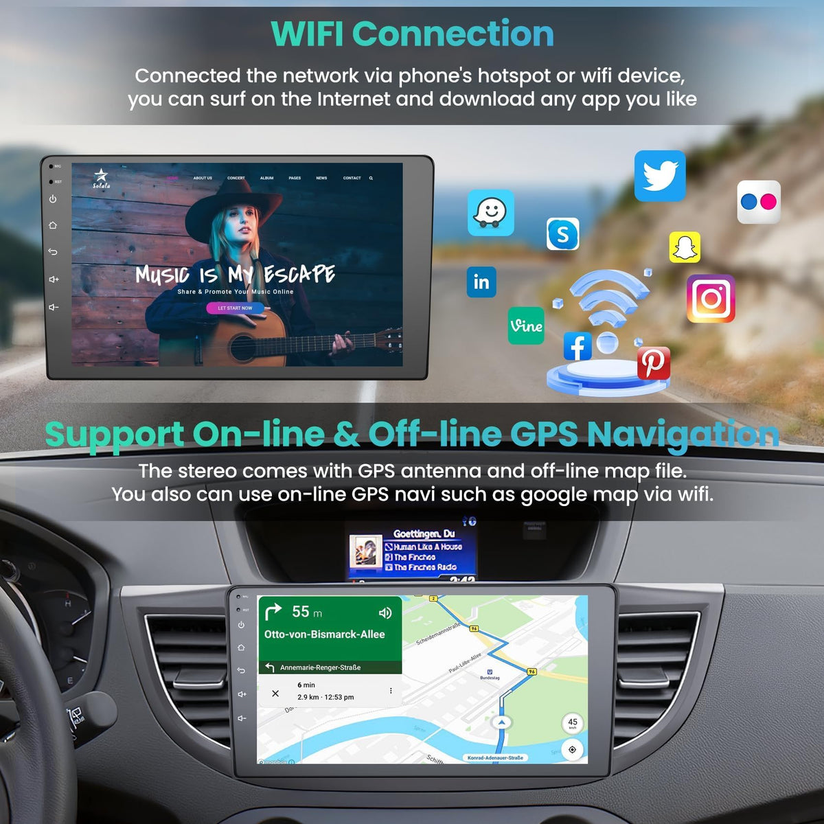 Adapter-Universe offline/online GPS with WiFi keeps maps accessible on the go.