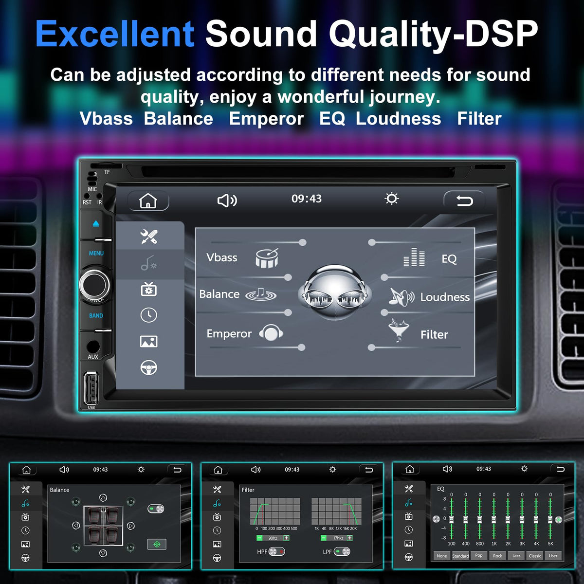 Adapter-Universe USB/TF/AUX ports expand device compatibility in your car.