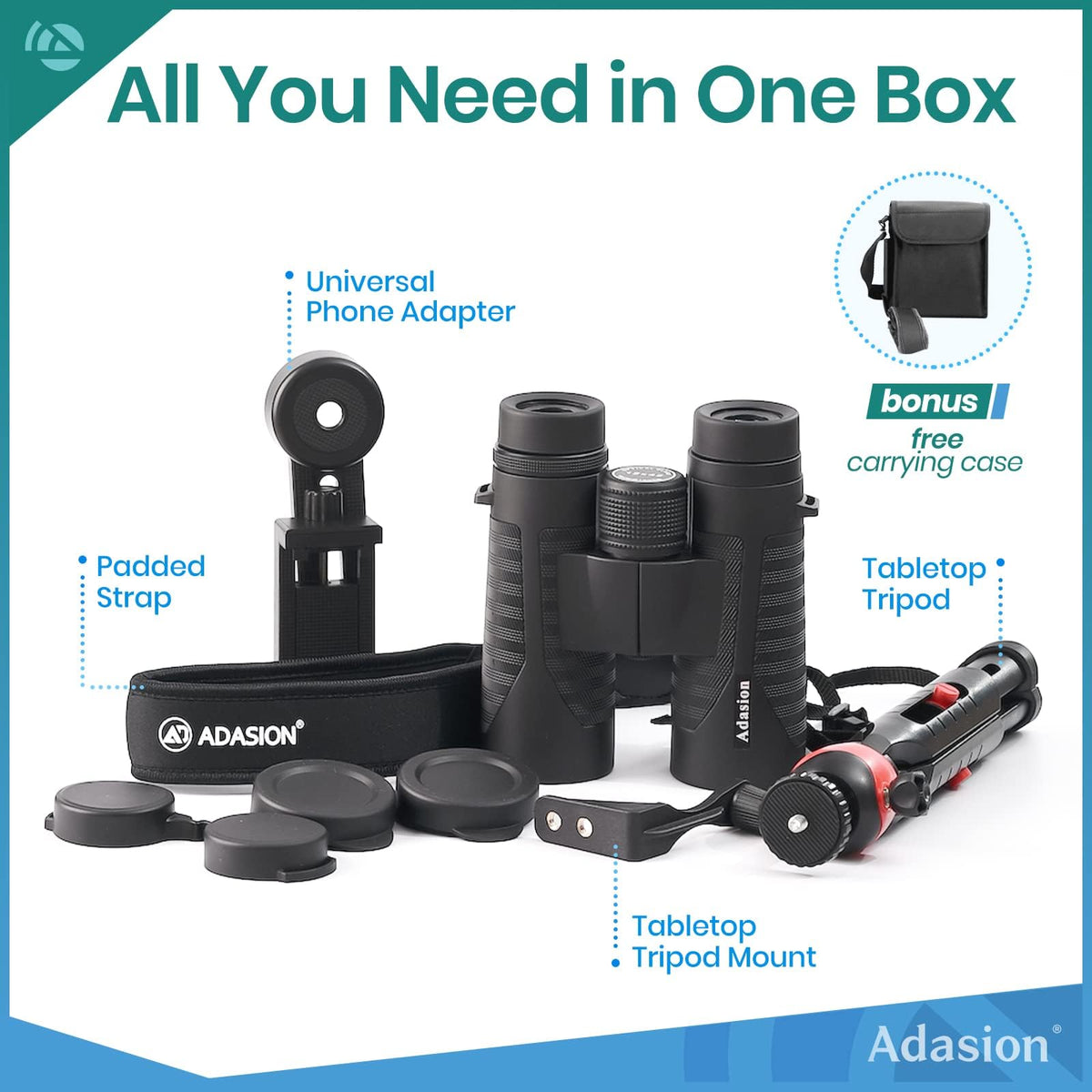 Adasion binoculars stored in crossbody case with strap for easy transport