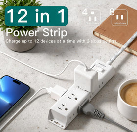 Addtam 12-outlet strip with wide spacing handles bulky adapters without blocking others.